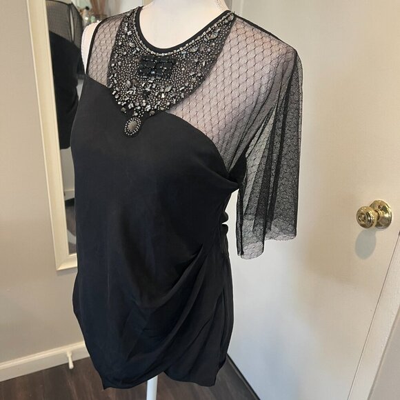 BCBGMaxAzria Black Beaded One Shoulder Mesh asymmetrical Silk blouse, Size S - Picture 8 of 16